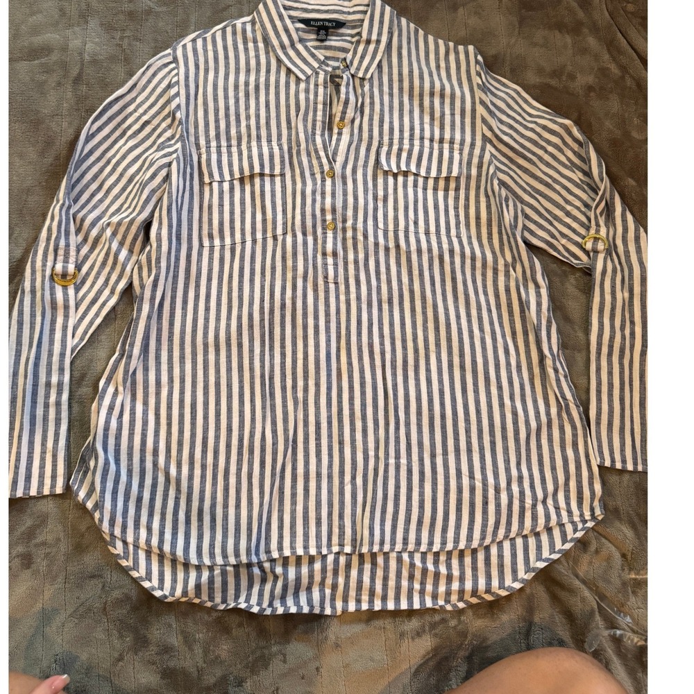 Ellen Tracy Blue White Striped Roll Tab Sleeve Linen Blend Tunic Top XL